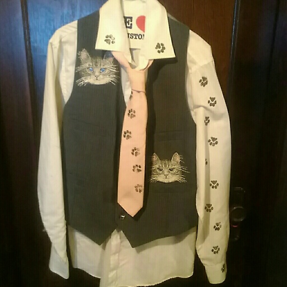 Vintage 3 pc. CAT vest/paw print shirt & tie - Picture 1 of 8